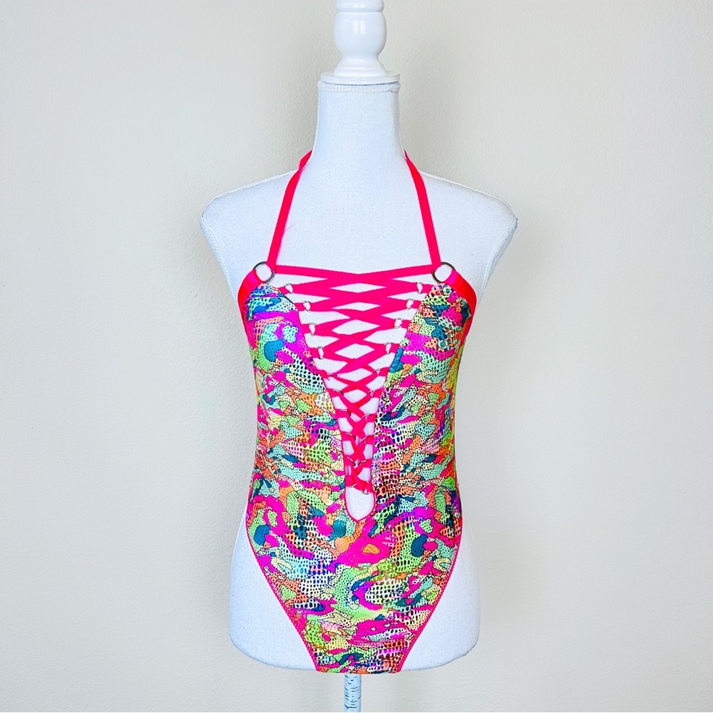 HTF Club Exx Hot Pink & Green Foil Lace Up Rivet Strappy Rave Halter Bodysuit - Picture 4 of 15